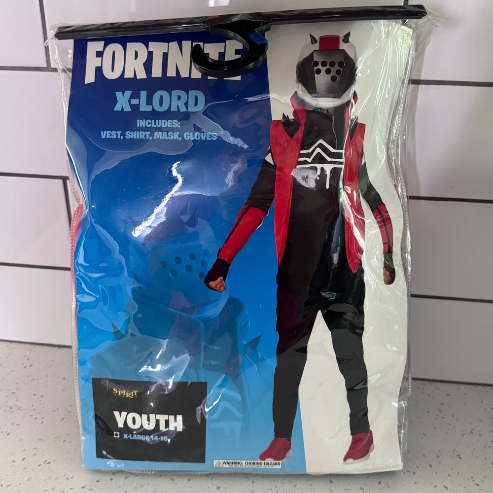 Spirit Halloween Fortnite X-Lord Costume Youth XL 14-16 Vest Shirt Mask Gloves